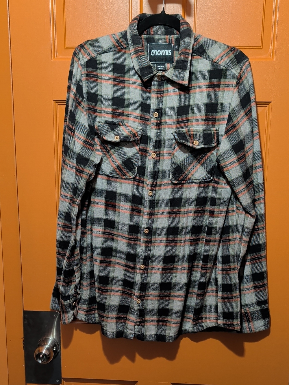 Gnomis Plaid Flannel Shirt in Black, Gray & Coral
